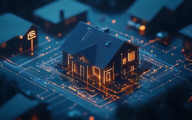 Poster - A sleek smart home circuit design, connected to IoT function icons for security, energy, and automation via digital network