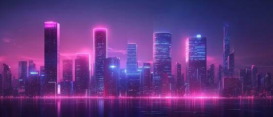 Poster - Futuristic city design with smart buildings integrated into a digital IoT network, featuring AI technology for efficient and intelligent urban management