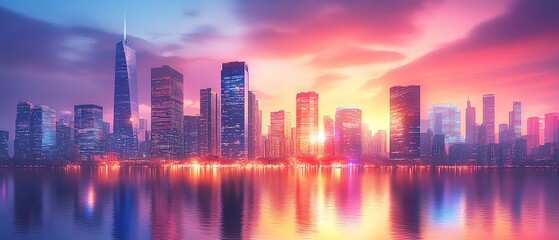 Poster - Futuristic city design with smart buildings integrated into a digital IoT network, featuring AI technology for efficient and intelligent urban management