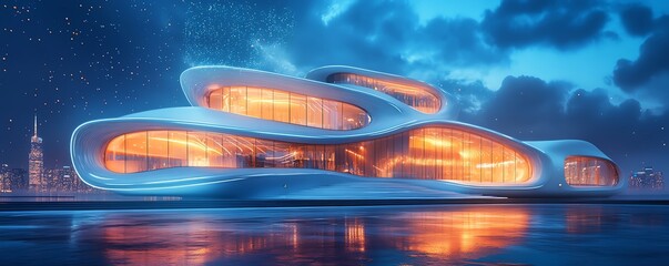 Poster - Futuristic smart building concept for urban cities, featuring IoT and AI technologies for seamless urban management and intelligent infrastructure
