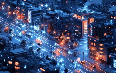 Poster - Graphical smart city illustration with digital IoT networks connecting intelligent buildings, powered by AI for efficient urban planning and control