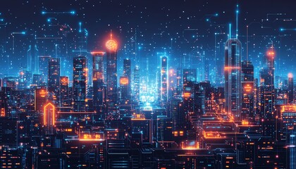 Poster - Illustration of an intelligent city with smart buildings, integrated IoT networks, and AI systems for realtime urban management and efficiency