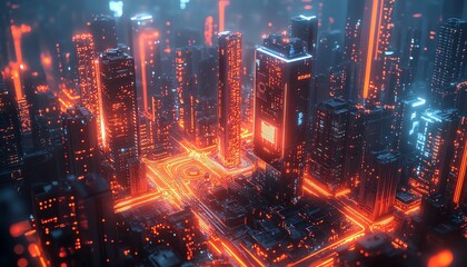 Poster - Illustration of an intelligent city with smart buildings, integrated IoT networks, and AI systems for realtime urban management and efficiency