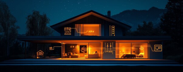 Aufkleber - IoTenabled smart home with a network of function icons for security, lighting, and monitoring, connected through advanced circuitry
