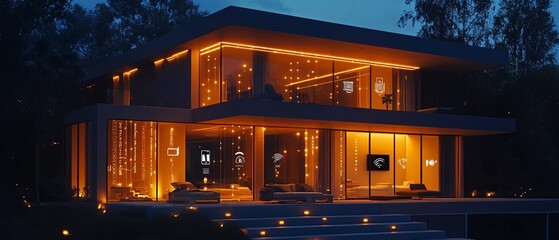 Aufkleber - Modern smart home design, highlighting IoT network with icons for security, lighting, and climate control, connected through digital circuitry