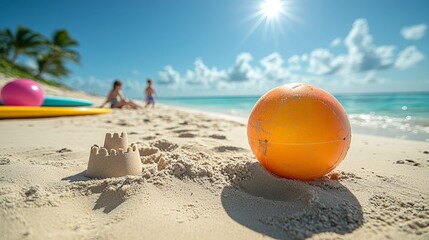 A sunny beach scene with a sandcastle, a ball, and children playing in the background.