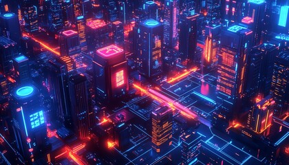 Poster - Smart building concept in a hightech city with IoT and AI systems, highlighting urban management, energy efficiency, and automation