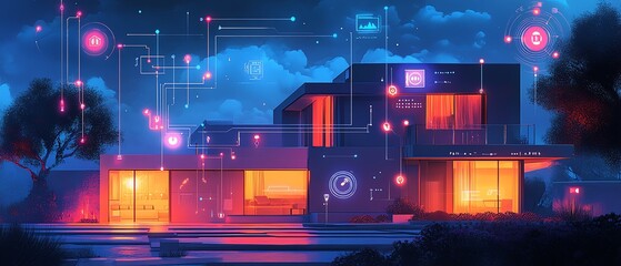 Aufkleber - Smart home illustration with interconnected IoT icons and digital circuits, showcasing remote monitoring, energy efficiency, and automation