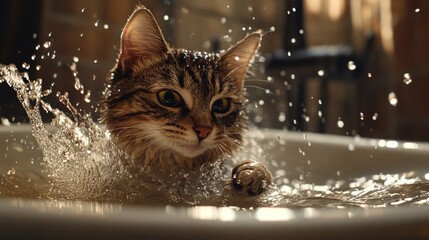 Poster - Playful Cat Enjoying a Splash in Water