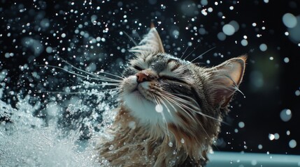 Poster - Cat Enjoying Water Splash in Sunlight