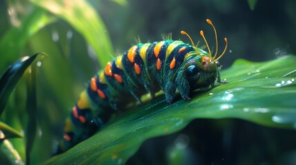 Poster - Colorful Caterpillar on Leaf in Lush Green Environment