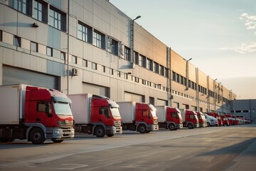 Aufkleber - Multiple trucks and vans are lined up outside a warehouse, ready for loading as the sun sets in the background. Generative AI