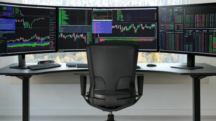 Poster - Modern trading setup featuring multiple monitors and ergonomic chair in a bright office overlooking a city skyline