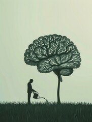 Aufkleber - A figure waters a tree resembling a human brain, highlighting the connection between nurturing ideas and fostering intelligence and creativity. Generative AI