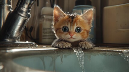 Poster - Adorable Kitten Playing in Water by Sink