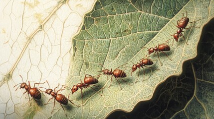 Poster - Ants Walking on Green Leaves in Nature