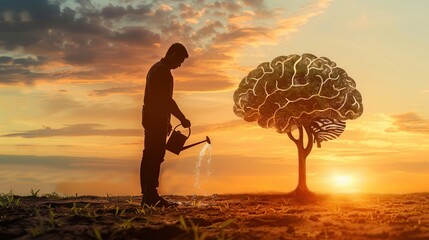 Aufkleber - A silhouette of a man watering a brain-shaped tree under a vibrant sunset, illustrating the growth of creativity and intellect. Generative AI
