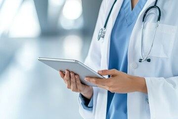 Wall Mural - A doctor is holding a tablet in a hospital setting