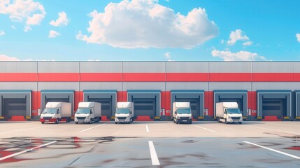 Aufkleber - Several trucks and vans are parked outside a warehouse, preparing for loading as the sun shines and clouds drift by overhead. Generative AI