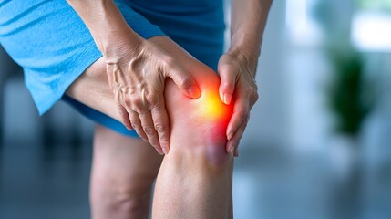 Closeup photograph of a woman s knee showing signs of osteoarthritis or injury with the individual pressing on the knee in obvious discomfort and pain