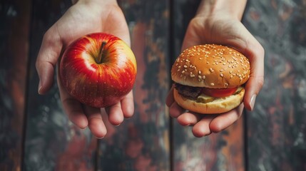 Poster - One hand holds a vibrant red apple while the other grips a juicy hamburger, highlighting the contrast between healthy and unhealthy foods. Generative AI