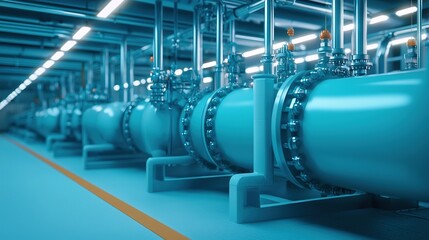 A modern industrial pipeline system featuring large, blue pipes and valves, set in a well-lit facility.