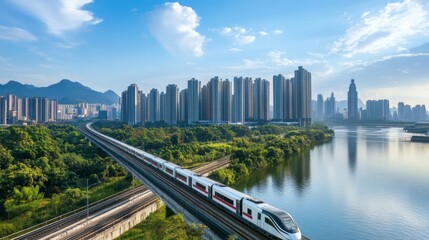 Poster - Modern Train Against Urban Skyline and Waterway