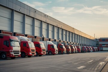 Several trucks and vans are parked at a warehouse waiting for loading activities to commence in the early morning light. Generative AI