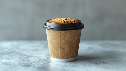 A single, brown paper cup filled with coffee topped with a black lid, sitting on a gray concrete surface.