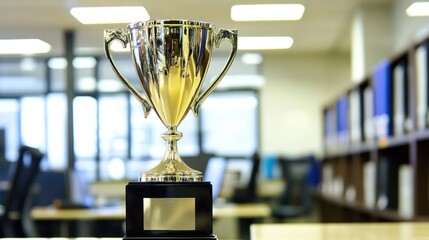 Wall Mural - A silver trophy sits on a desk in an office, with a blurry background.