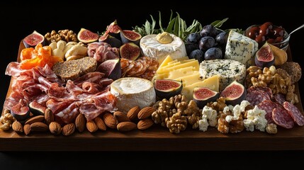 A crisp Full HD image of a luxurious charcuterie board filled with assorted tapas, featuring rich cheeses, figs, nuts, and gourmet spreads, presented beautifully and covering the entire frame.