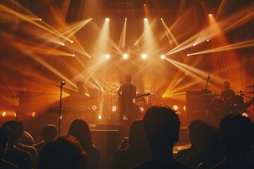 Fototapete - Musicians deliver an electrifying performance amid bright lights, captivating an enthusiastic audience at a concert. Generative AI