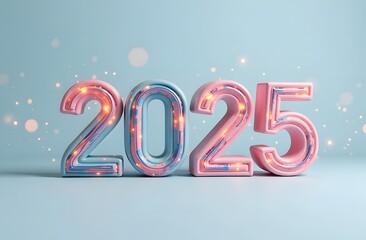 Brightly colored numbers representing the year 2025 are adorned with twinkling lights, set against a soft pastel backdrop, perfect for New Year celebrations