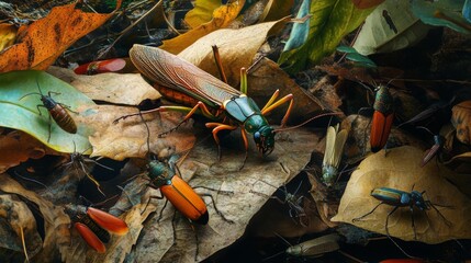 Poster - Colorful Insects Among Autumn Leaves in Detail