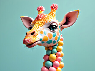 Abstract 3d illustration artwork of a vibrant and colorful giraffe with neck made of pastel colored balls