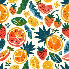 Aufkleber - This lively pattern showcases a variety of fruits like oranges and strawberries among green leaves against a light backdrop. Generative AI
