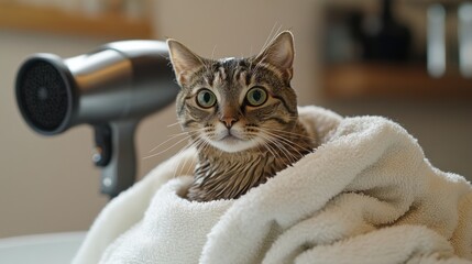 Poster - Cat Wrapped in Towel After Bath Time