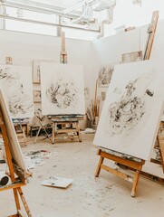 Poster - A studio space with several easels holding large canvas paintings, a few with black and white abstract art, and a notebook on the floor.