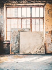 Canvas Print - Two large blank canvases lean against a wall in a sunlit room. The room is a rustic, industrial space with a large window and peeling paint.