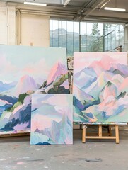 Poster - Three abstract landscape paintings on canvases leaning against a wall in a studio.