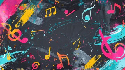 Fototapete - Colorful brushstrokes blend with musical notes on a chalkboard, showcasing an artistic fusion of music and visual creativity. Generative AI