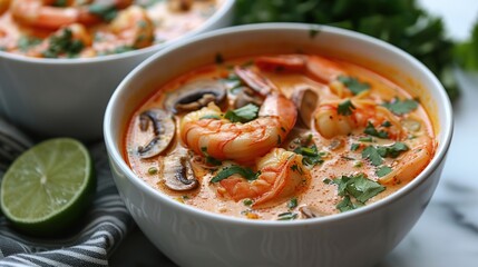 Two bowls of creamy, orange-colored soup with shrimp, mushrooms, and cilantro garnishes. A lime wedge and a striped napkin are in the foreground.