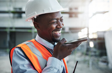 Poster - Black man, architect or laughing with speaker phone at site for communication or construction. Young African, civil engineer or builder with smile on mobile smartphone for radio or voice note in city
