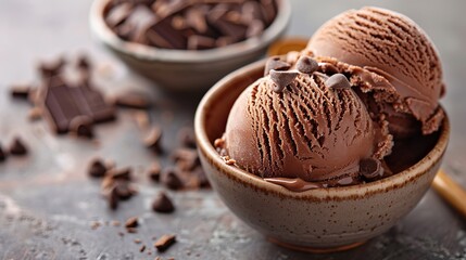 Poster - Two scoops of rich chocolate ice cream in a bowl with chocolate chips and chocolate pieces scattered around.