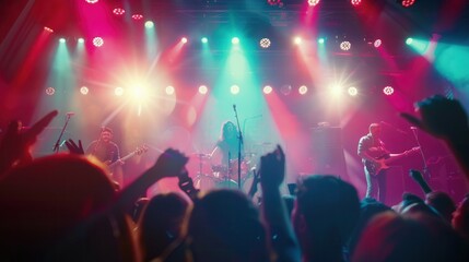 Fototapete - Musicians deliver an electrifying performance on stage as a lively crowd cheers, illuminated by vibrant concert lights. Generative AI