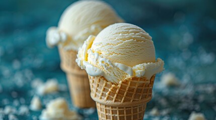 Two scoops of vanilla ice cream in waffle cones, on a blue background. (1)