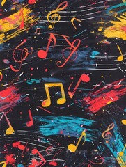 Poster - Bright brushstrokes and musical notes adorn a chalkboard, showcasing creativity in a community arts class. Generative AI