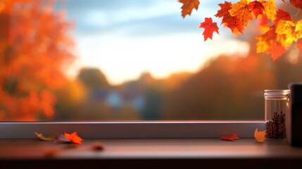 A cozy autumn evening scene featuring jars on a window ledge, framing a stunning view of vibrant fall leaves, capturing the warmth and serenity of the season.