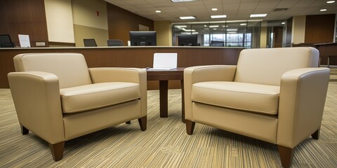 Poster - Two tan armchairs face each other with a small table between them in an office setting.