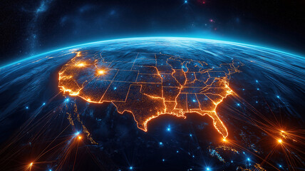 Poster - Sophisticated space view showcasing America with dynamic network lines for connectivity